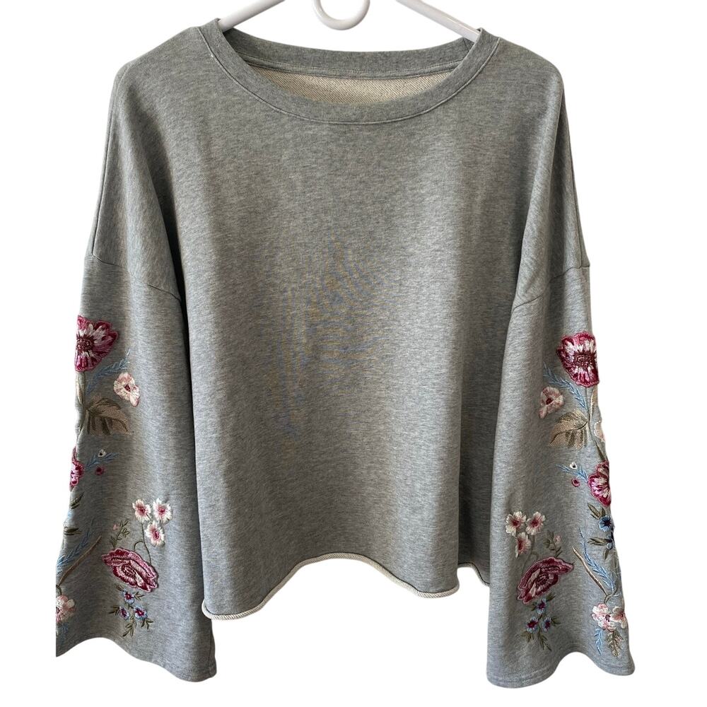 Driftwood Sundance Sweatshirt Rolled Crop Hem Embroidery Bell Sleeves Size Small